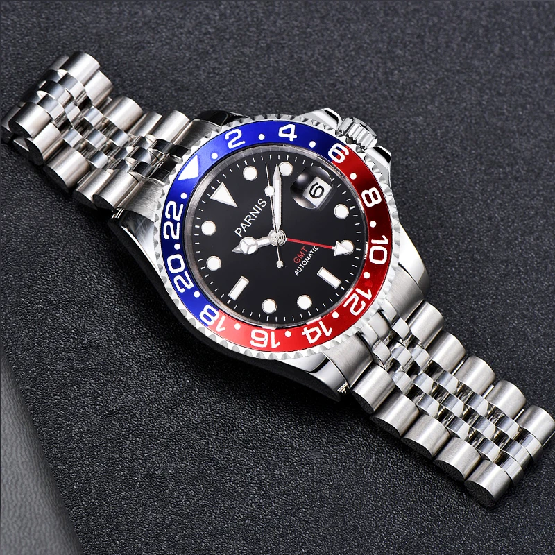 Fashion Parnis 40mm Red Blue Bezel Automatic Mechanical Men\'s Watches Red GMT Sapphire Crystal Calendar Men Watch reloj hombre