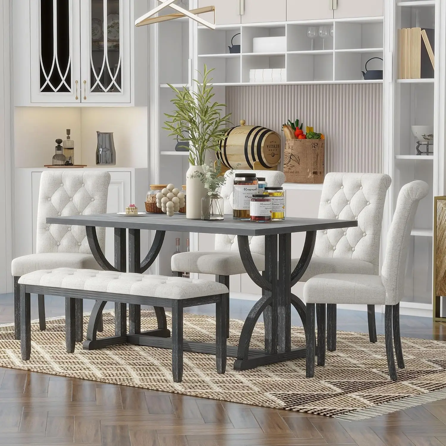 6 Pieces Wood Dining Table Set with Bench, Retro Rectangular Table with Unique Legs and 4 Upholstered Chairs 1 BenchDining Room