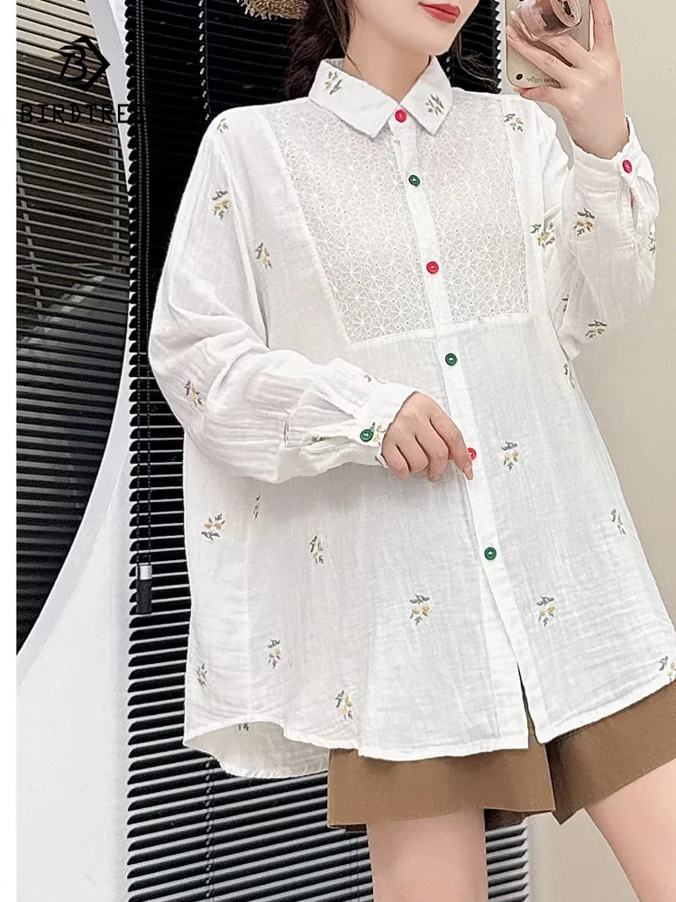 

New 2025 Autumn Cotton Long Sleeve Shirt, Women Turn-down Collar Embroidery Print, Mori Girl Fashion OL Loose Blouse T58683CC
