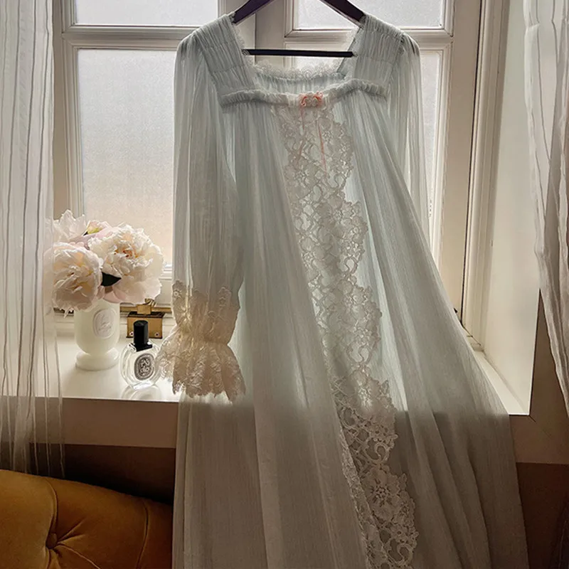 Princess Vintage Long Loose Cotton Nightgowns French Sexy Square Collar Full Sleeves Nightdress Sweet Lace Embroidery Nightie