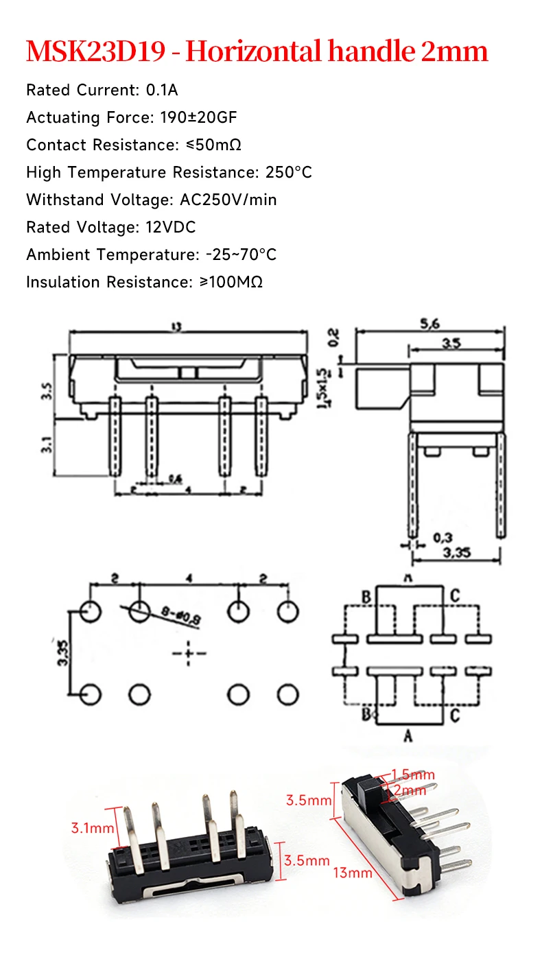 5 Stück MSK23D19 Horizontaler 8-Pin 3-Positionen Miniatur-Seitenmontierter Schiebeschalter mit 2mm Grifflänge für Elektronik – Detail 1