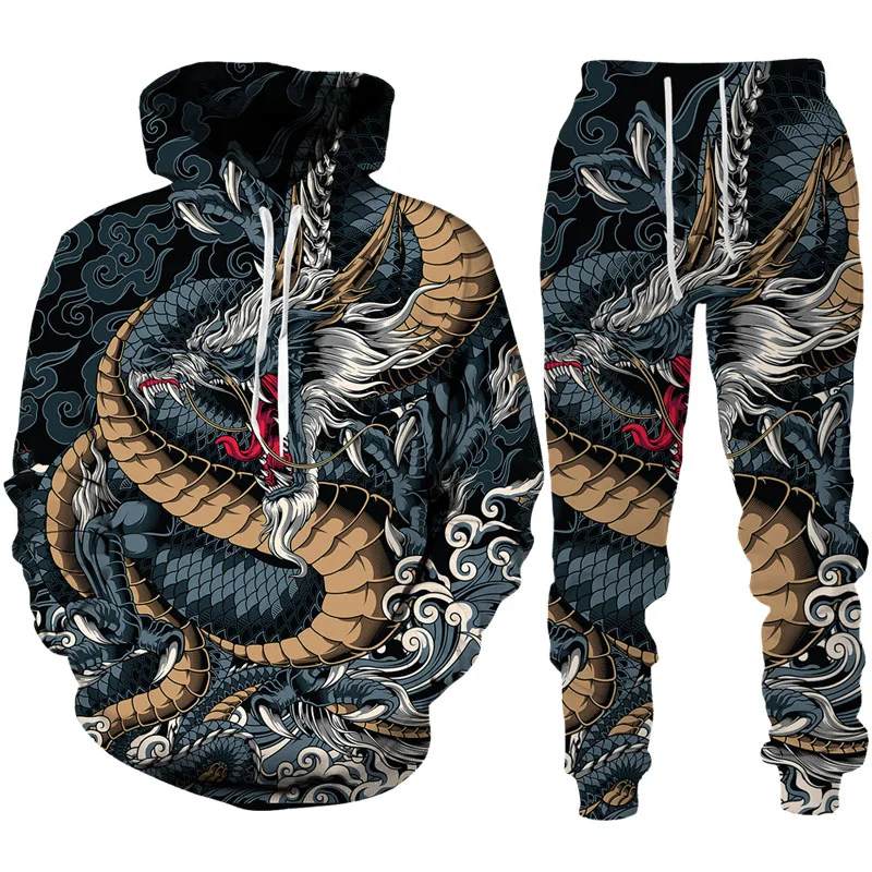 New Vintage Golf Dragon Zipper Hoodie Men Tennis Tracksuit Y2k 3D Printed Casual Sweatshirt Set Hip Hop Streetwear Clothing