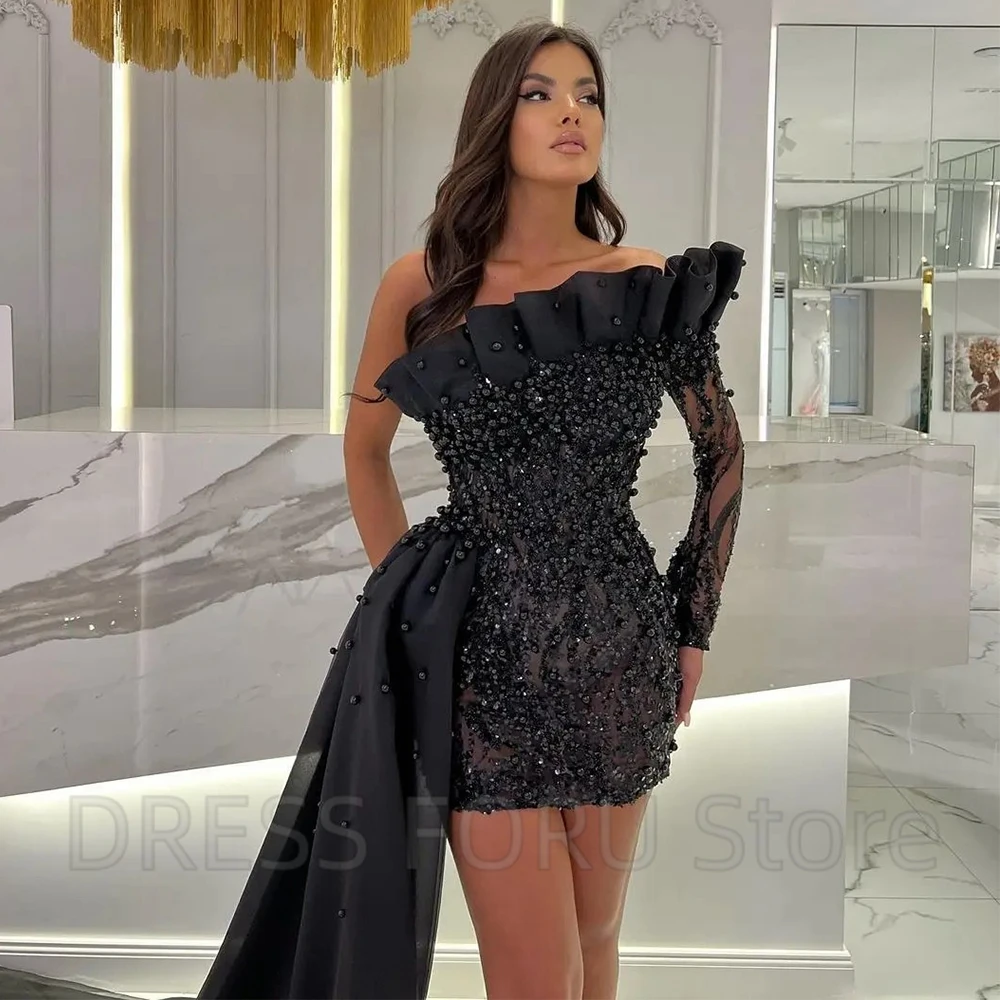 Sexy Black One Shoulder Long Sleeve Evening Dress Mini Side Sweep Train Women Party Banquet Pearls Short Strapless Prom Gowns