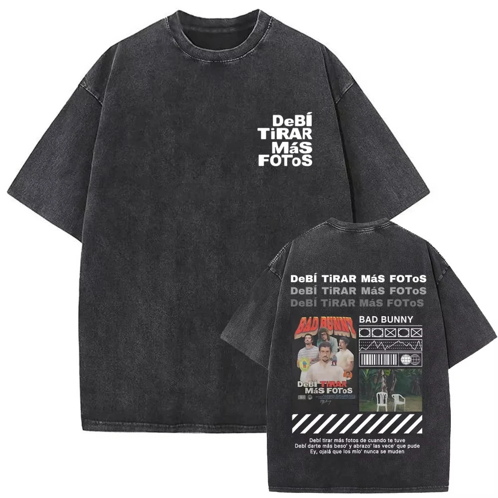 Camiseta Vintage Lavada de Bad Bunny DTMF Residencia En El Choli Merch, Camiseta Oversize de Hip Hop para Hombre con Estampado 'Debi Tirar Más Fotos'