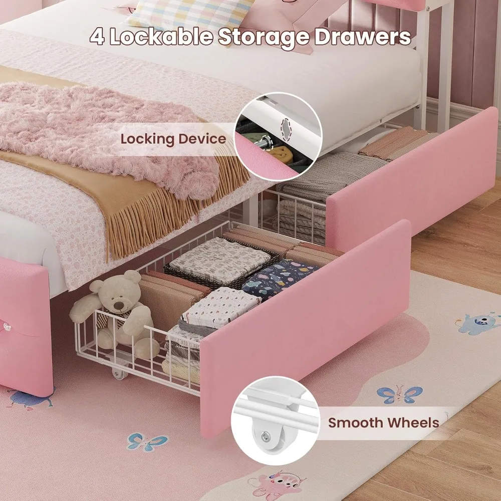 إطار سرير LED منجد بالكامل من ADORNEVE مع 4 أدراج تخزين وخزانة كتب للتخزين بطبقتين، سرير بمنصة الأميرة المخملية للأطفال/ #4