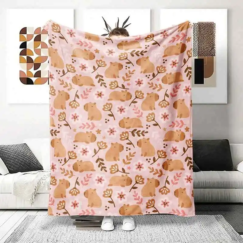 Adorable Capybara And Floral Fleece Blanket, a Soft And Cozy Cartoon Capybara Throw, Perfect for Young People, Animal Lovers, Gr