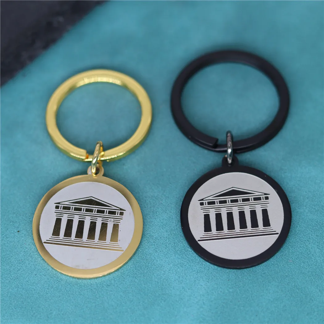 

Acropolis Pendant Stainless Steel Keychain For Men Women Ancient Greek Round Medal Amulet Jewelry Key Chains Talisman Gift