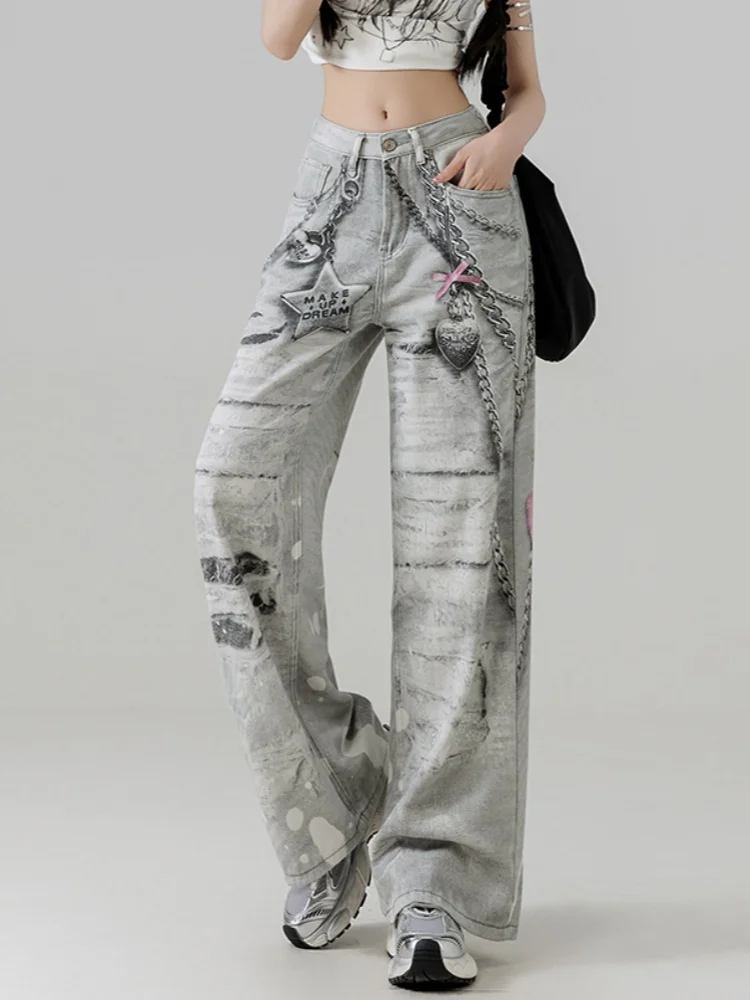 

Women's New Fashion Print Chain Denim Floor Length Straight Leg Pants Trendy Metal Love Decoration Wide Leg Casual Jeans