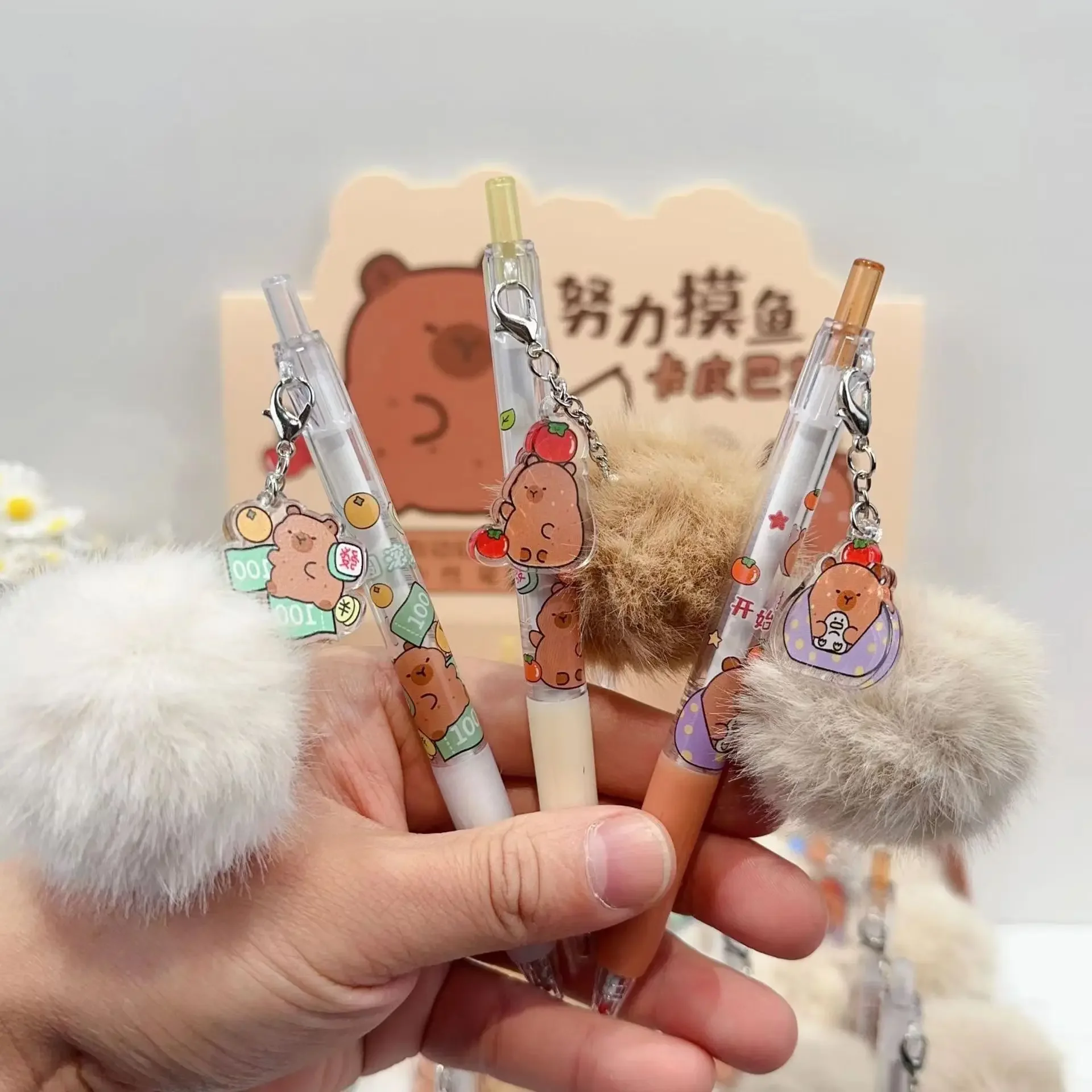 6 Pieces Kawaii Plushh Capybara Pendant Winter Warm Gel Ink Pens Cute Pen for School Stationery Office Writing Art Supplies