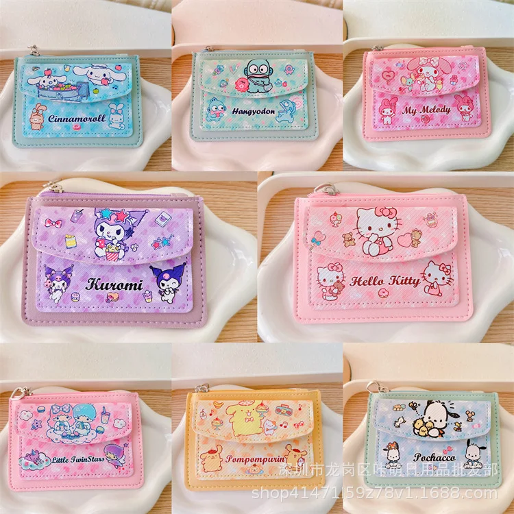 New Hello Kitty Card Set Zero Wallet Sanrio Kuromi Melody Pochacco Anime Cute PU Portable Thin Bank Card ID Coin Storage Wallet