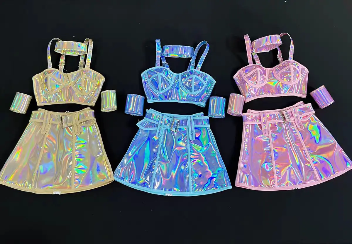 Roze Blauw Laser Lederen Tops Rok Team Dans Kostuum Vrouwen Verjaardagsfeestje Carnaval Club Rave Outfit Danser Prestaties Kleding