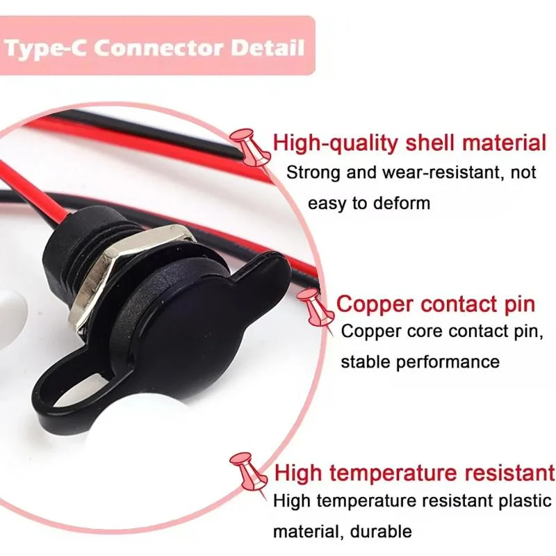 Threaded Type C Female Socket Connector Pre Soldered Wires Anticorrosion Shell For DIY Car Modification Device Repair