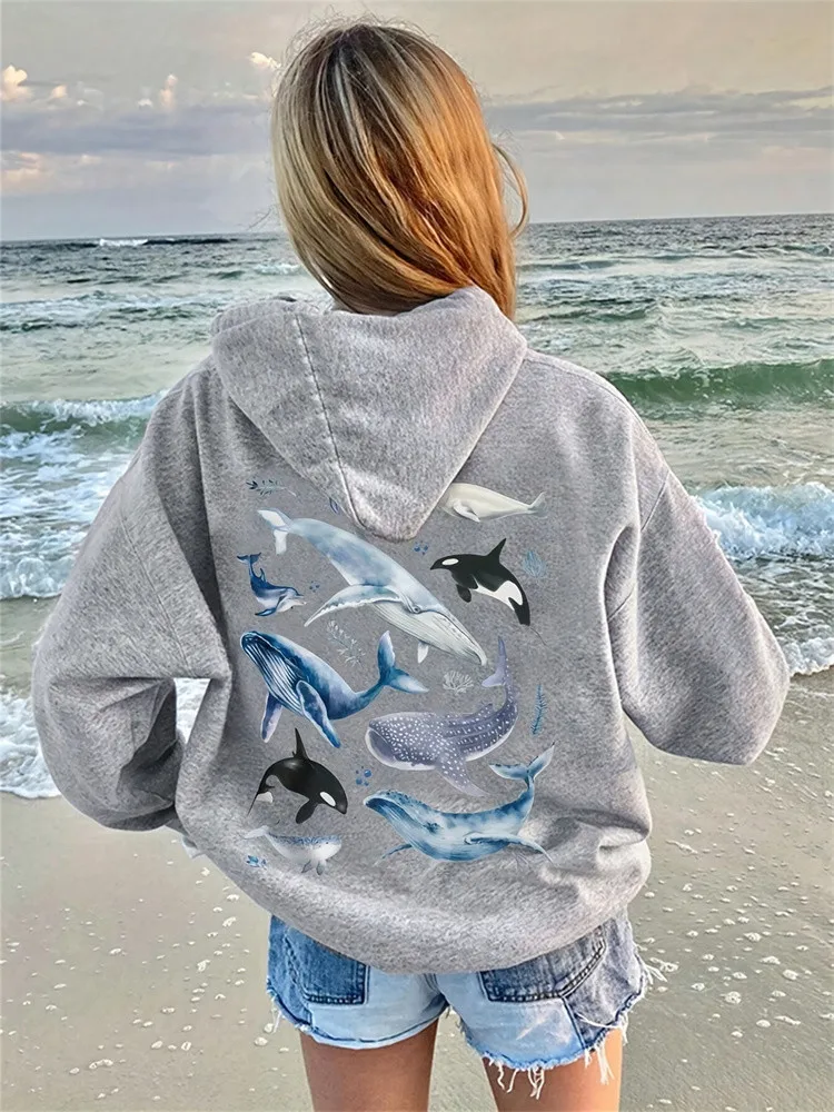 Ocean whales Print Female Hoody Harajuku Comfortable Sweatshirts Fashion O-Neck Quality Hooded Autumn Warm Streetwear Women