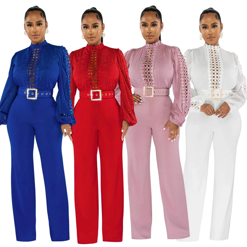 Elegant Hollow Out Patchwork Wijde Pijpen Jumpsuit Voor Vrouwen 2023 Lange Mouwen Hoge Kraag Party Casual Romper Club Outfits Met riem