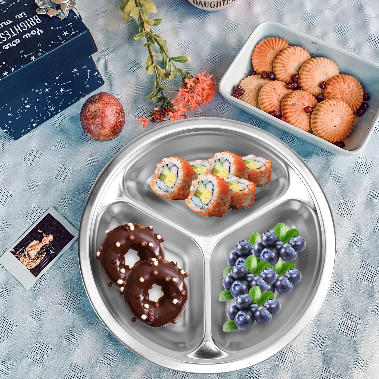 

Platters Stainless Steel Partition Plate Dinner Plates Round Fast Food Three Cutlery Trays