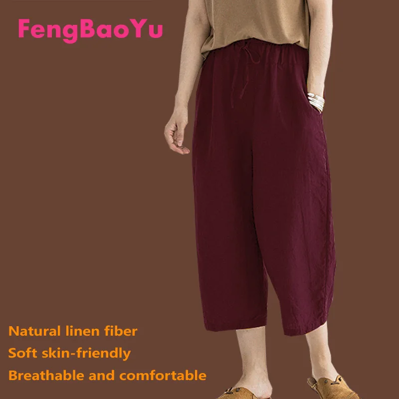 

Fengbaoyu Flax Loose Waist Summer Ladies' Seven-cent Trousers French Retro Leisure Cool Size 5XL Women Baggy Pants Streetwear