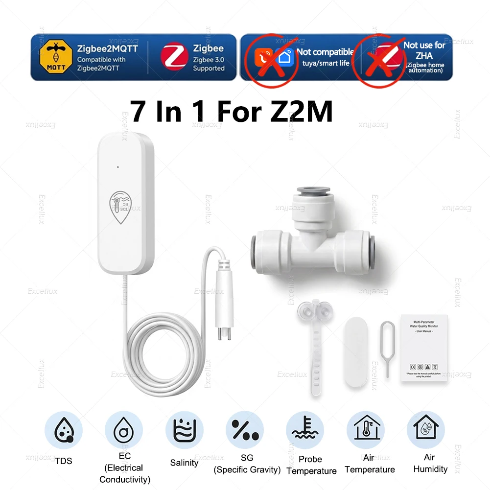 Zigbee 7-in-1 Wasserqualitätstester-Sonde Temp/TDS/EC/SG/Salzgehaltsmessgerät Temperatur- und Feuchtigkeitssensor für Aquarien Hydroponik Z2M – Detail 1