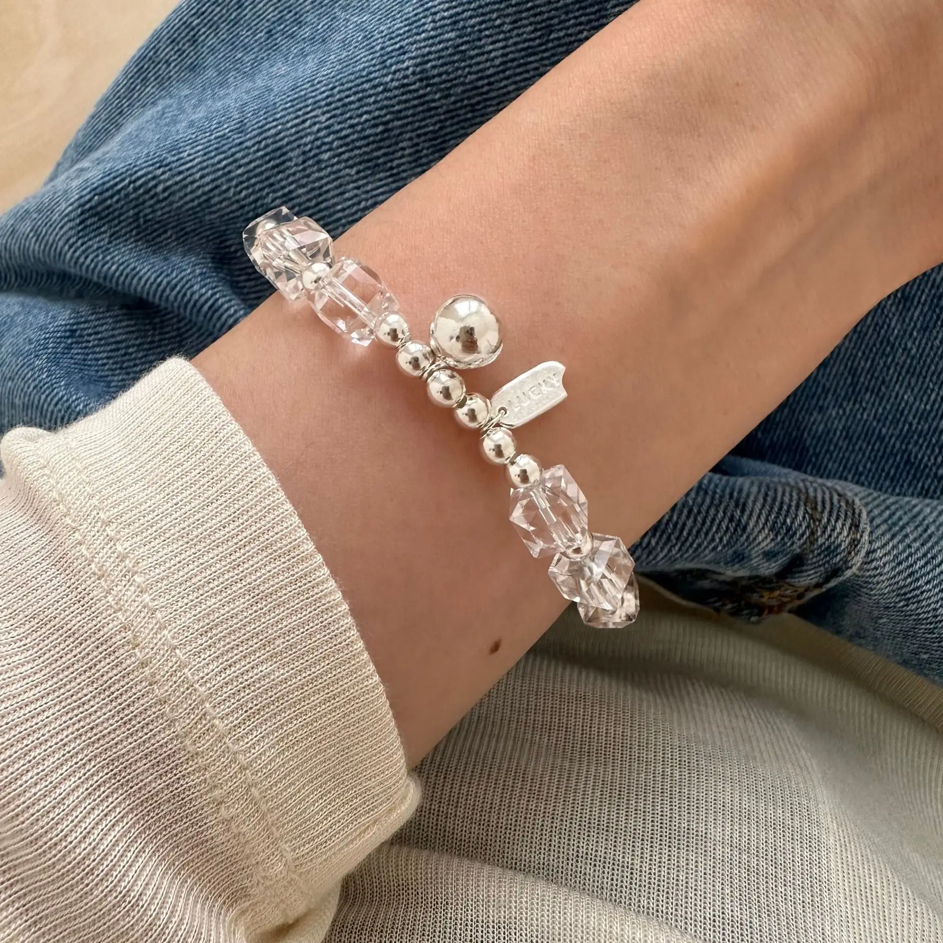 925 Sterling Silver Crystal Round Bead Lucky Bracelet Women's Simple Handmade Elastic Rope Design Beaded Bracelet