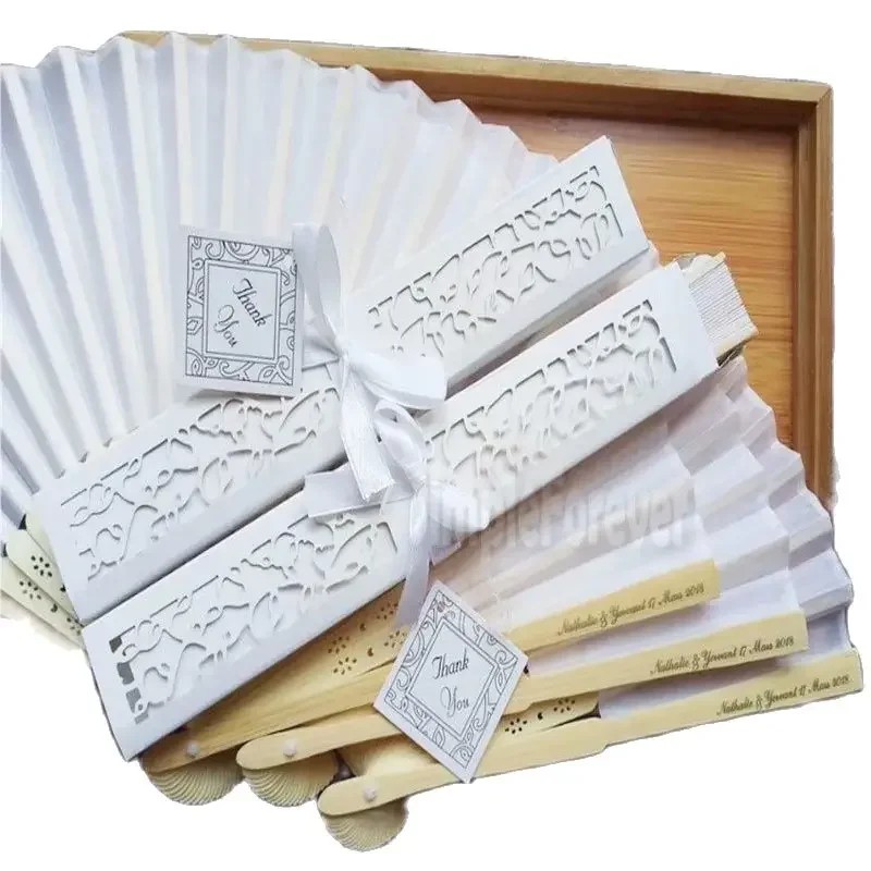 Personalized Luxurious Silk Fold Hand Fan In Elegant Laser-Cut Gift Box +Party Favors/wedding Gifts+printing 100pcs/lot