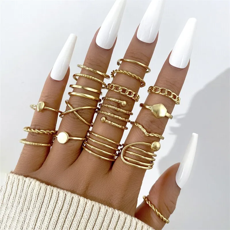 18pcs Of Women Ring New Western Style Alloy Ring Creative Personality Geometry Metal Style Folding Joint Ring