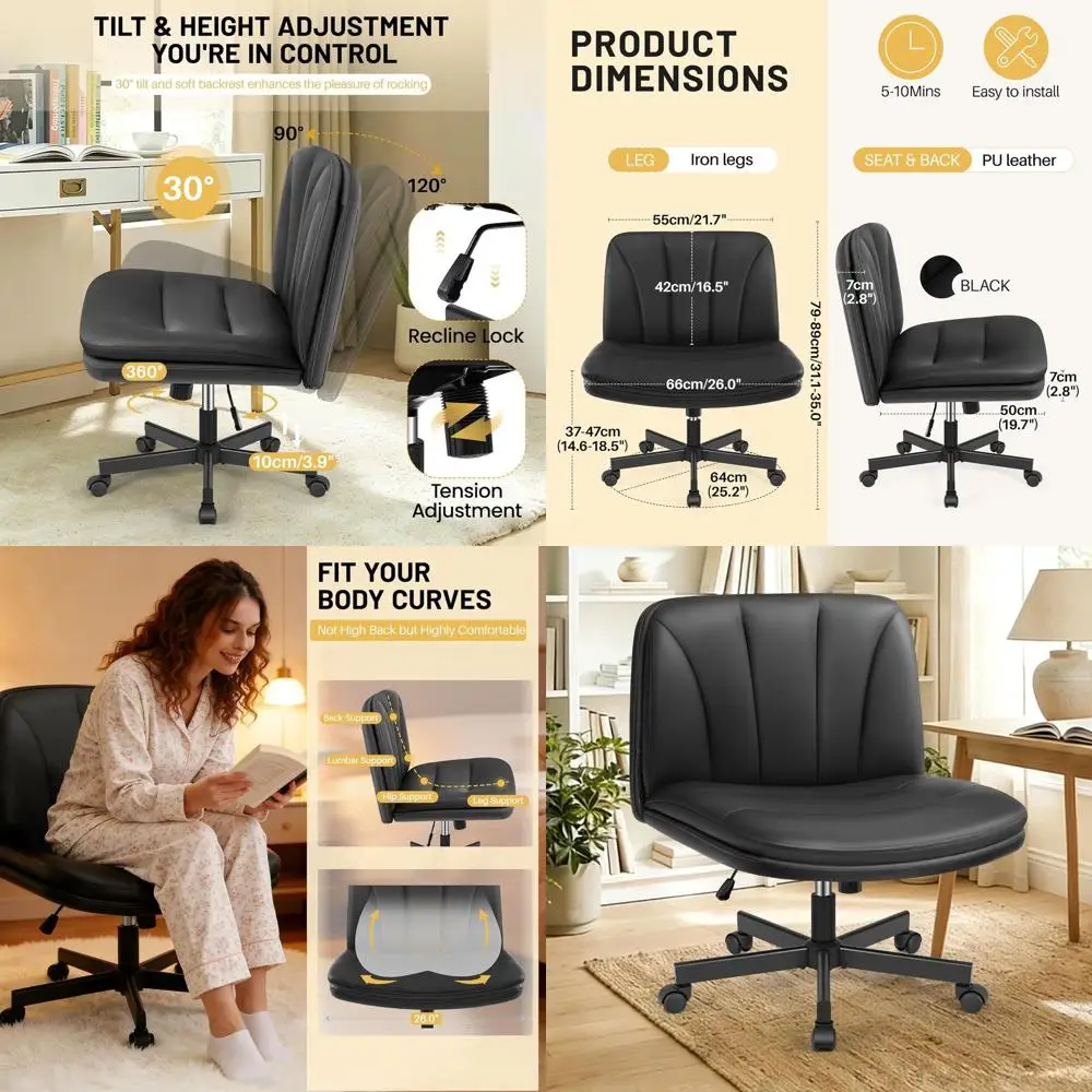 

Black Leather Swivel Chair with Wheels for Home Office, Bedroom, and Compact Spaces