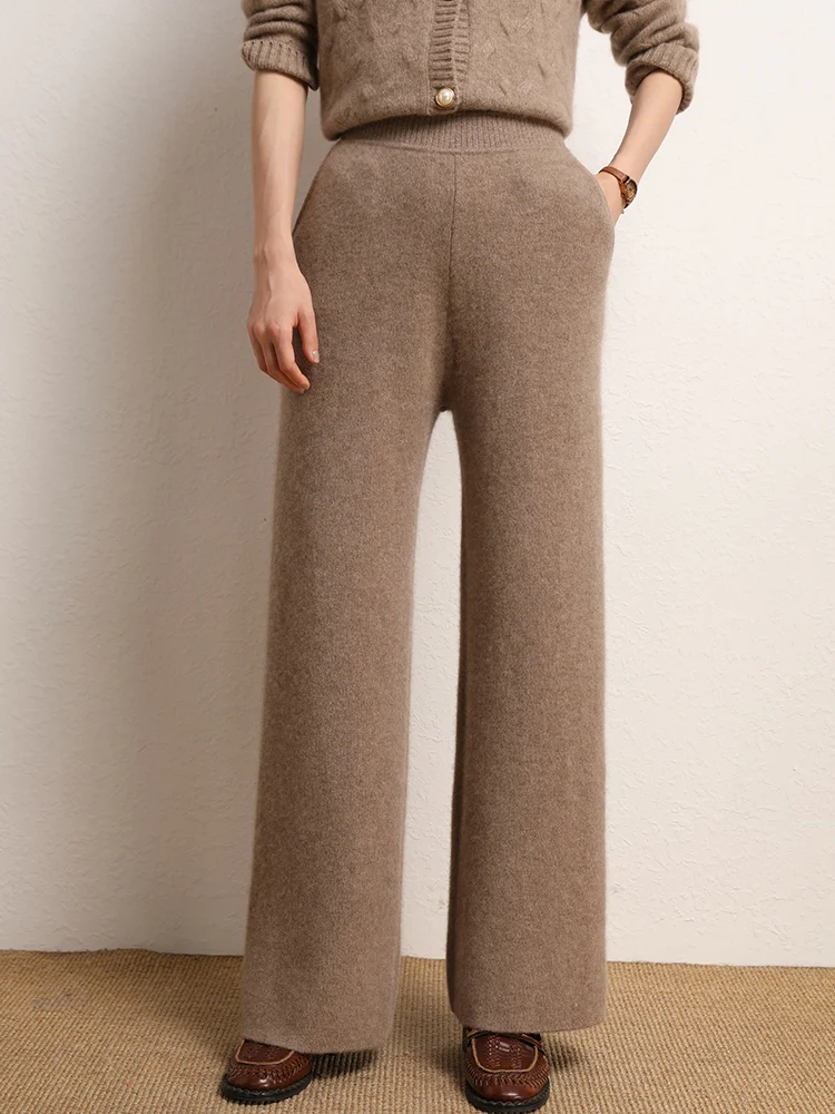 Office Women Trousers Autumn Winter Pants Warm Thicked 100% Cashmere Trousers Casual Straight Pants Elastic Waist Classic Pants
