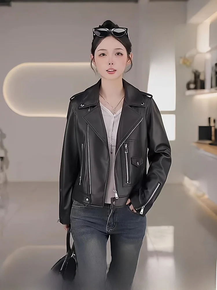

Весенне-осенняя женская куртка из натуральной кожи 2025 года, новая модель, приталенная, в корейском стиле, из овчины, мотоциклетная куртка-косуха