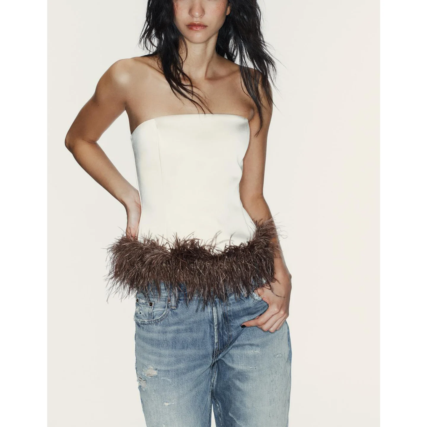 Inverno novo feminino oulder-baring gola de corte reto cor-blo pluma tubo-top irt fino ajuste ort-comprimento cor pura