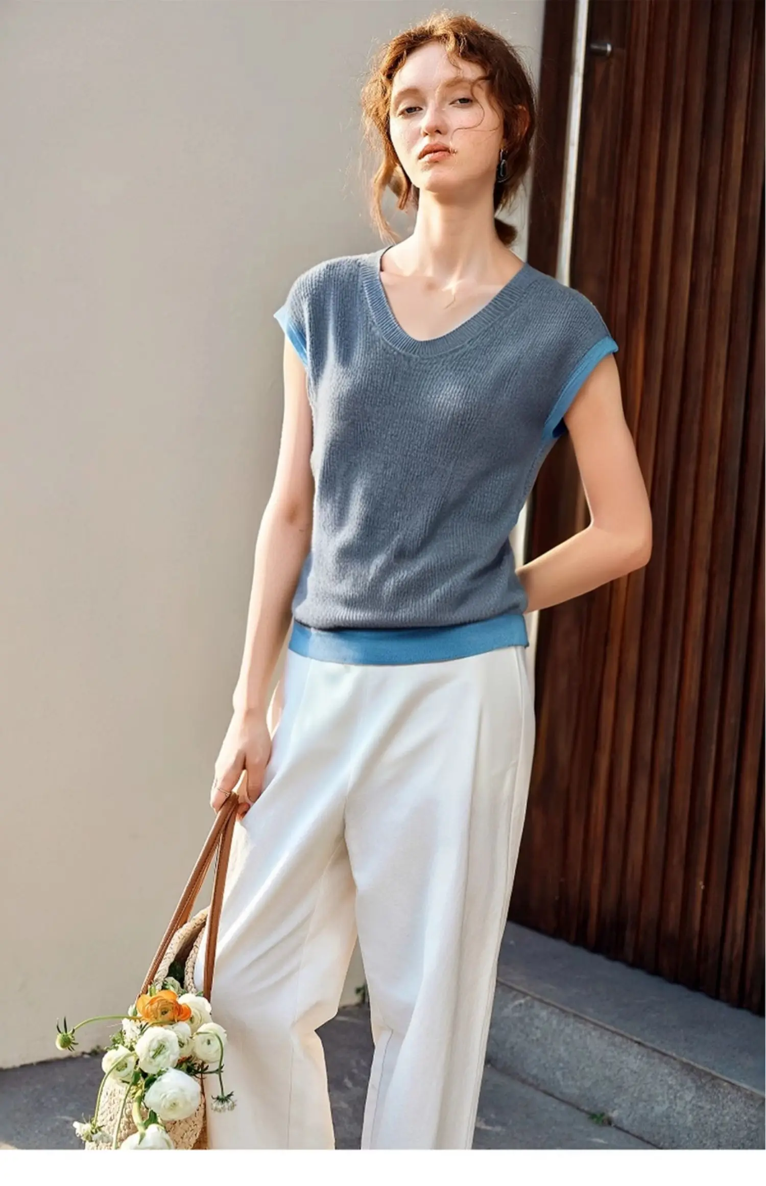 OLrain-suéter de punto informal para mujer, Top de punto con cuello en V, Color contrastante, gorra gris, jerséis, ropa para mujer O57XZ98193