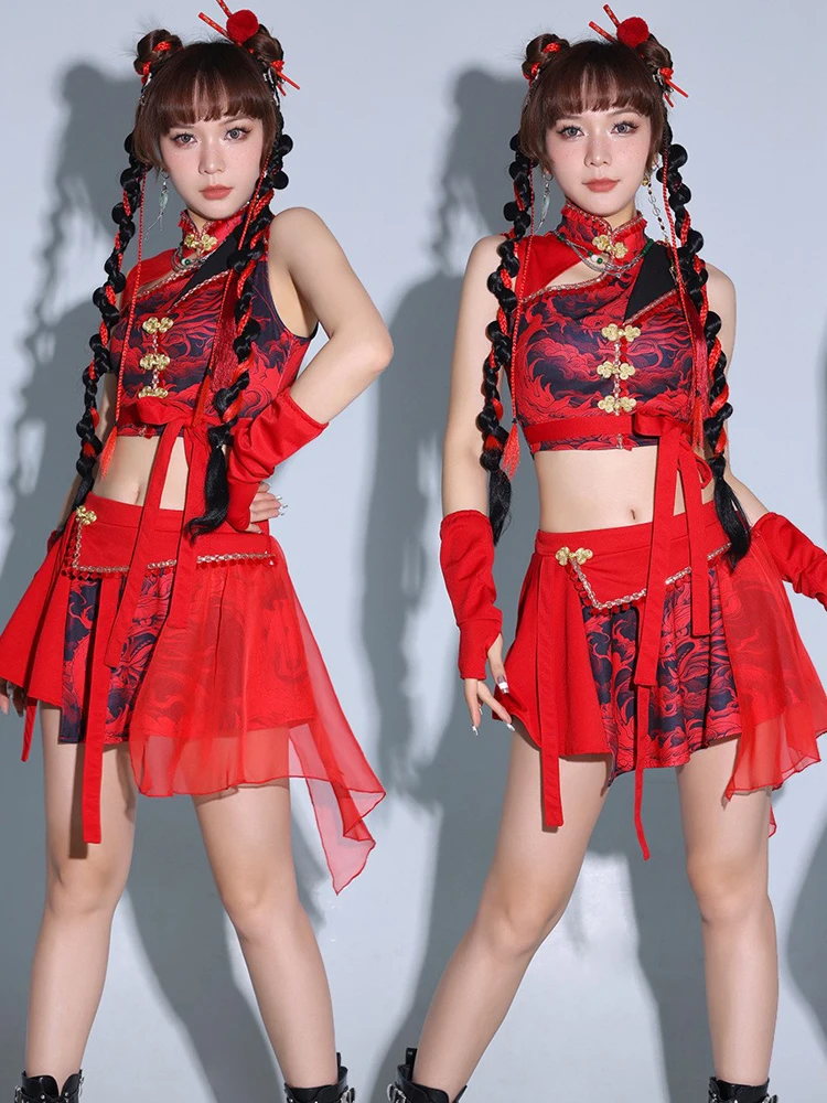 Red Sexy Street Dance Performance Costume for Women's Group Jazz Dance Ensemble Outfit New Model National Trend Kpop