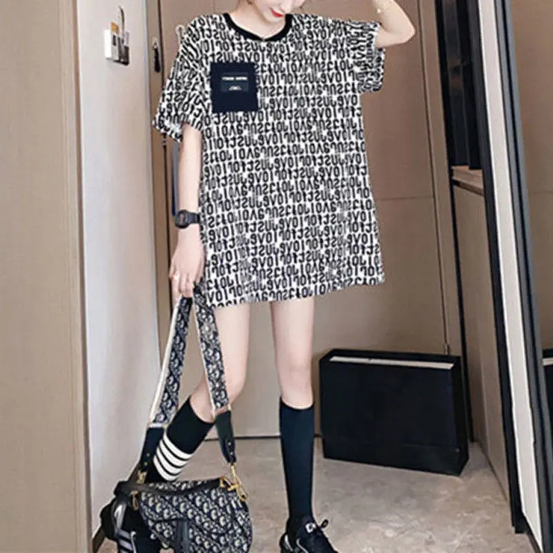 Korean Backless Loose Midi T-shirt Fake Two Pieces Spliced Female Clothing Chic Letter Printed Summer Casual Pockets Pullovers