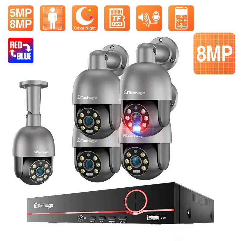 Techage HD 5MP 8MP POE интеллектуальная система безопасности PTZ камера система наружного наблюдения Ultra H.265 8CH полноцветна