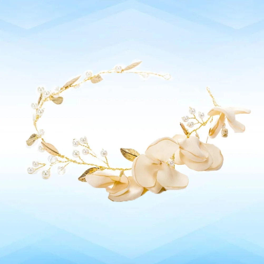 Cloth Flower Pearl Headband Golden Leaves Elegant Bridal Hair Accessory Wedding Party Prom Headdress Wedding Headband