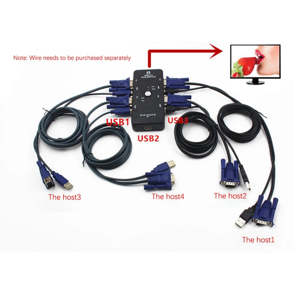 หนึ่งในสี่พอร์ต USB 4พอร์ต2.0 KVM กล่องสวิตช์ + สาย KVM 4ตัวจอภาพคีย์บอร์ด VGA SVGA แล็ปท็อปพีซี