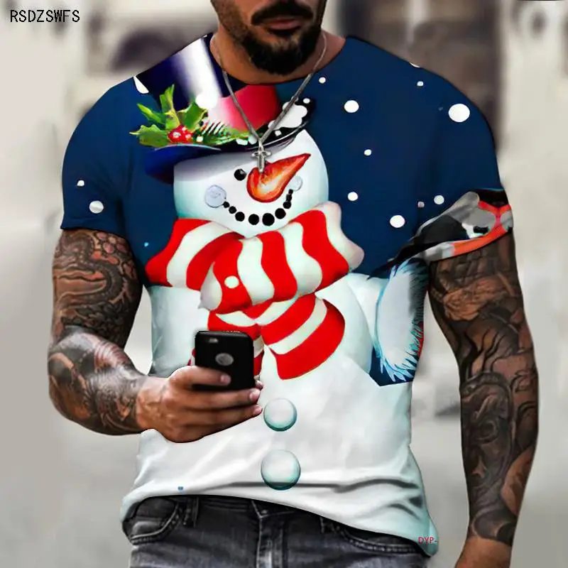 New Men\'s T-shirt Brand Design Christmas Santa Claus Christmas Tree Snowman Western Holiday 3D Printing Oversize 5XL