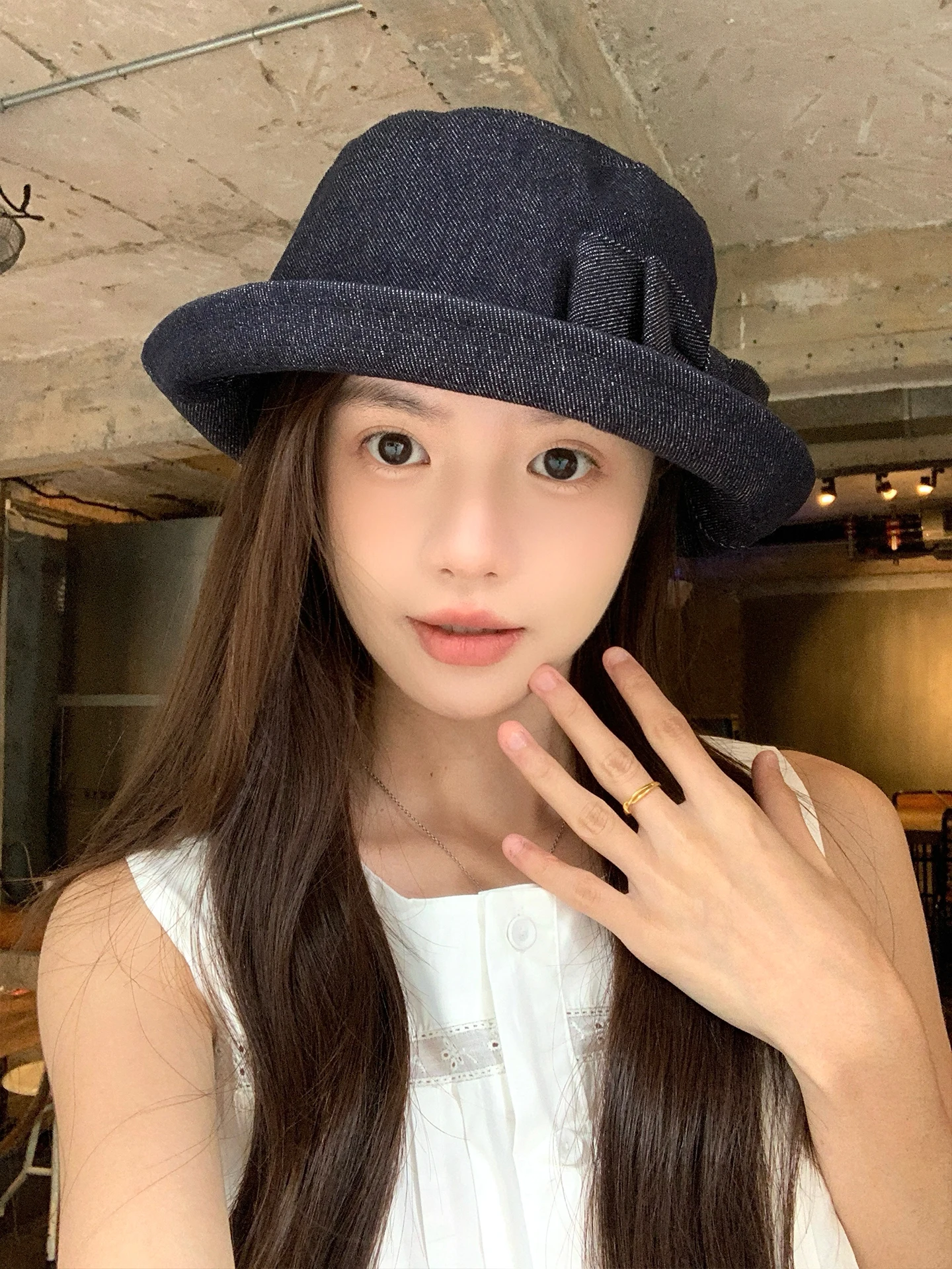 Retro Japanese Style Denim Bucket Hat Women's Spring Summer Sun Protection Small Face Effect  Knot Fishing Cap