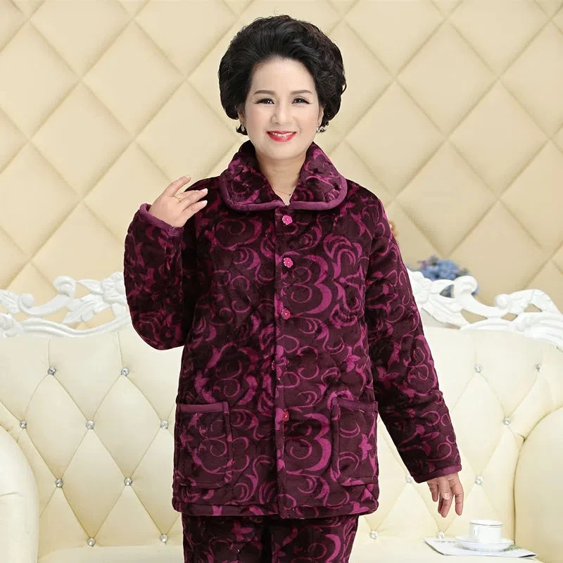 Middle-Aged Women Pajamas Suit Winter Three Layer Thick Warm Coral Velvet Sleeping Jacket+Quilted Pants 2 Piece Set For Mother