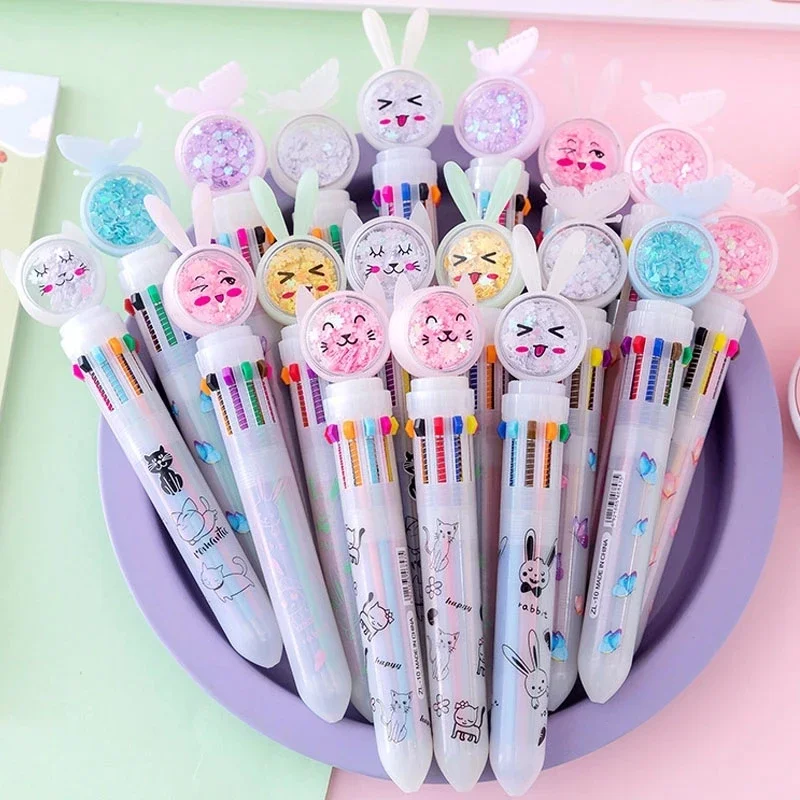 

20Pcs/Lot Cute 10 Color Sequins Butterfly Rabbit Cat Ballpoint Pen School Stationery Office Multicolored Pens Colorful Supplies
