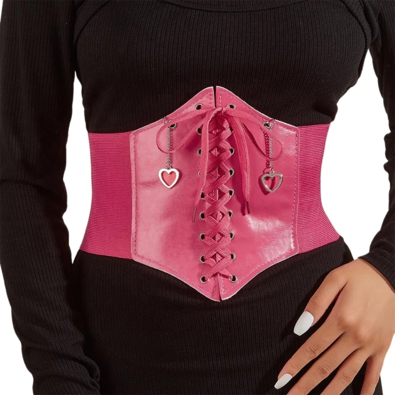 

Ladies Under Bust Corset Elastic Wide Waist Belt with Heart Chain Pendant Universal Women Banquet Dress Shirt Corset