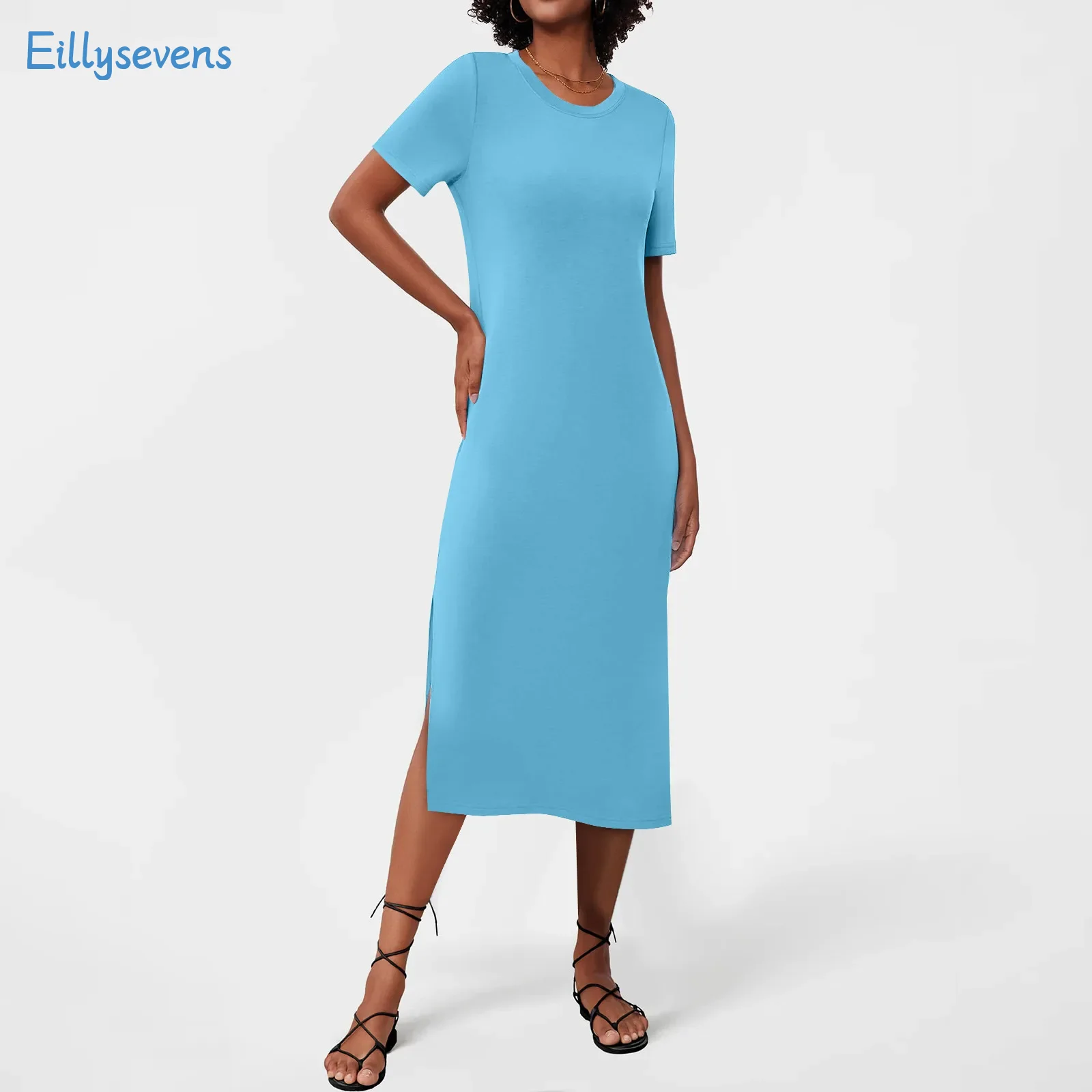 

Women Traight Dresses Summer New Simple Solid Casual Round Neck Short Sleeve Long Dresses Classic All-Match Daily Commute Dress