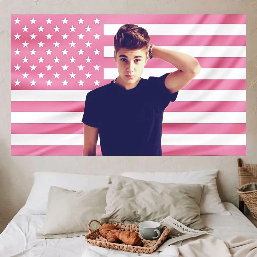 J-Justin B-Bieber Pink American Flag Tapestry Teen Dorm Bedroom Background Decor Hip Hop Music Fan Merch Gift Wall Art Poster