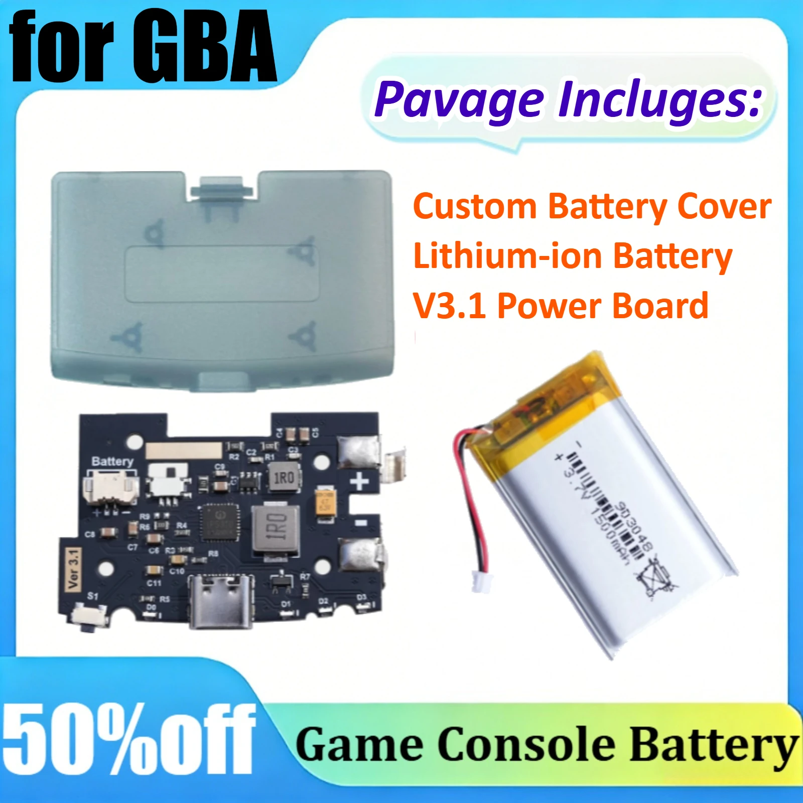 For GBA Modded Console Replaceable Lithium Battery Pack 4-Level Battery Indicator for Backlit High-Brightness Screens