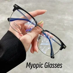 Óculos Half Frame Myopia para homens e mulheres, Bloqueio de Luz Azul, Transparente, Near Sight Eyewear, Menos Diopter, Trend Eyeglasses