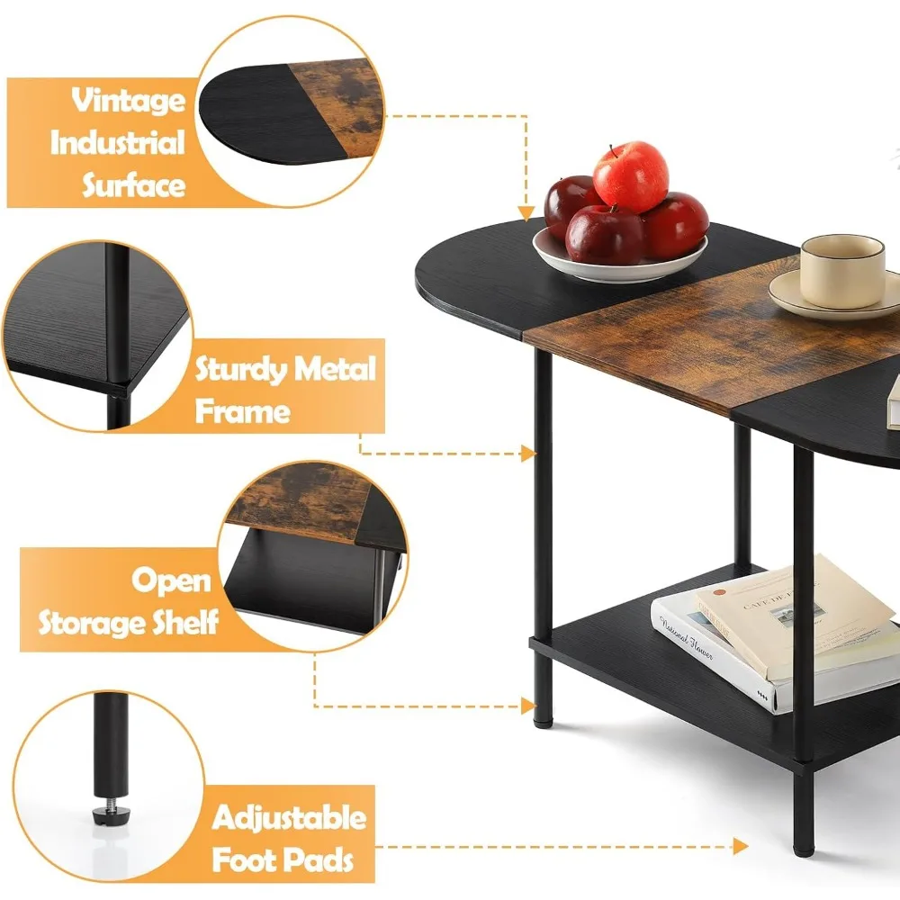 Modern Oval Coffee Table with Storage, 2-Tier Industrial Design for Small Living Spaces, Brown & Black
