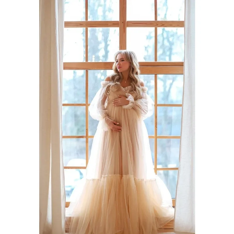 Plus Size Beige Baby Shower Dress, Baby Shower Dress Maternity, Boho Beige Tulle Dress, Mommy Princess Dress,