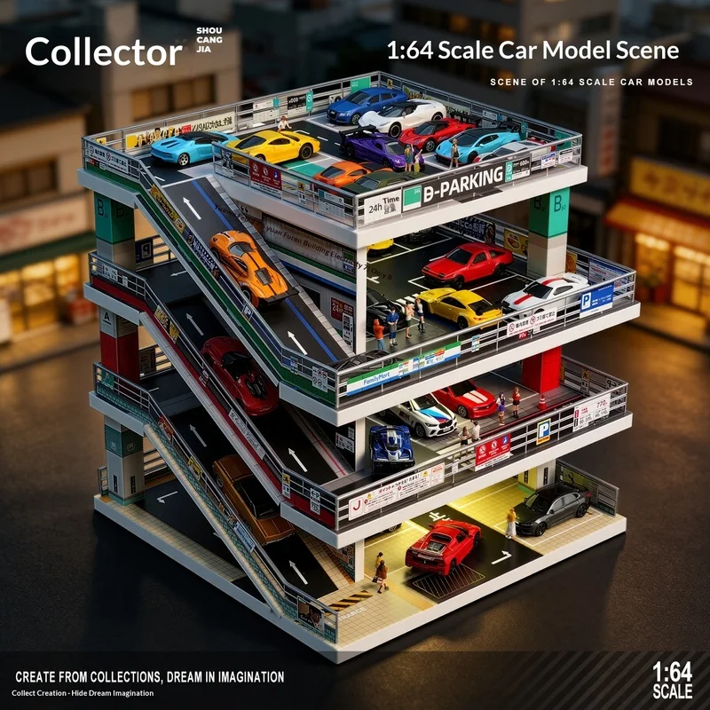 Collector 1:64 Scale Four-Story Large-Capacity Parking Garage Diorama – Realistic Building Model & Display Stand
