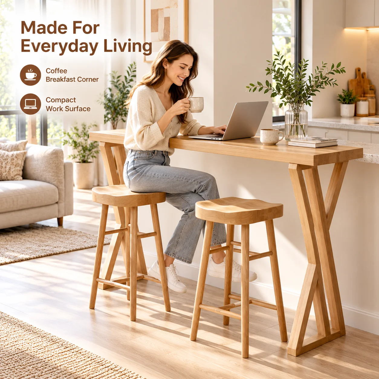 AOLIVIYA Solid Wood Bar Height Table 47 Inch Narrow Pub Console Coffee Table Nordic Pine Breakfast Bar For Kitchen Living Room