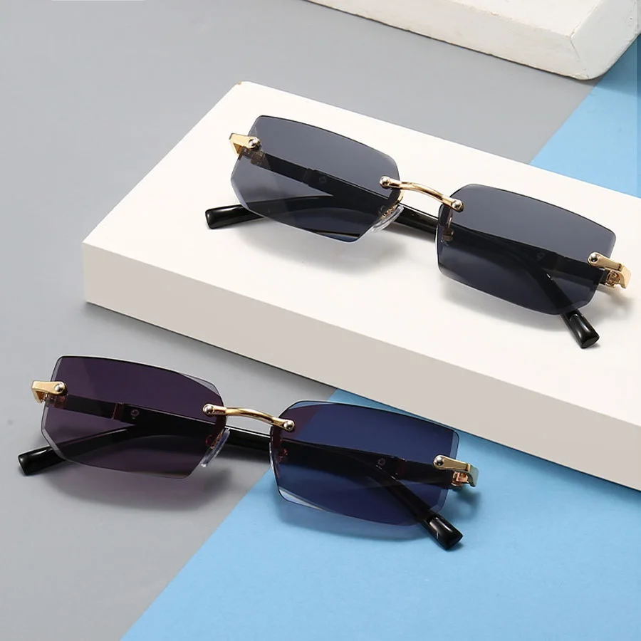 Gafas de sol de lujo sin montura para negocios, lentes rectangulares con gradiente, gafas de sol Unisex a la moda para mujeres y hombres, lentes de colores a la moda, gafas con montura metálica