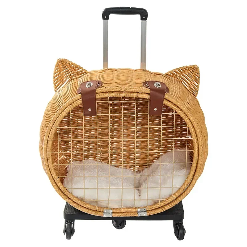 Breathable Cat Bag, Portable Pet Crate, Dog Tote Bag with Trolley, Handwoven Cat Cage, Lightweight Pet Luggage, Vintage Style