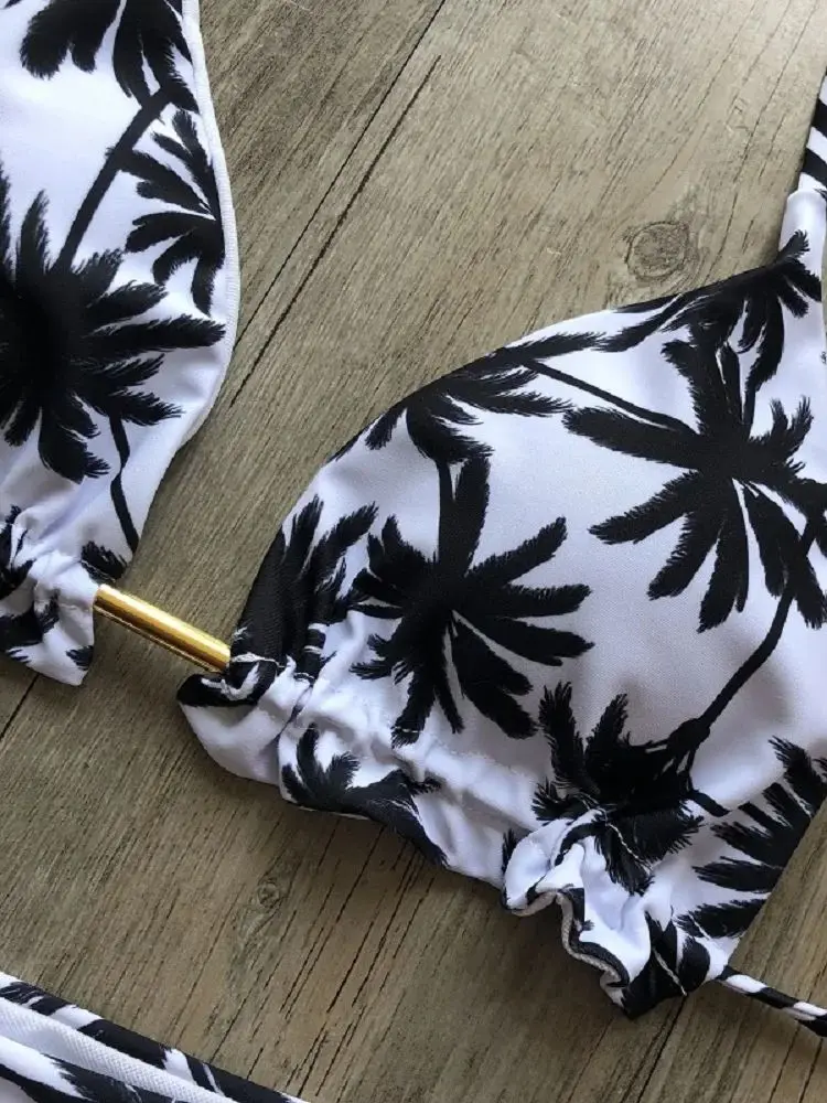 RUOTONSEPT Sexy Black And White Coconut Tree Printed Bikini Sets Women Swimsuit Triangle Halter Swimwear Bathing Suit Brazilian